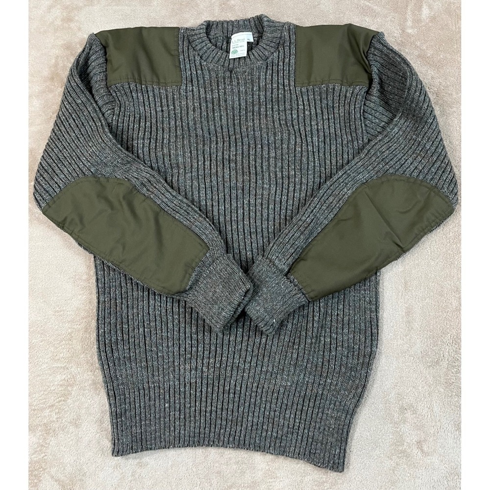 LL Bean Commando Wool Sweater Men XL Gray Green Ribbed Shoulder Sleeve Patch EUC